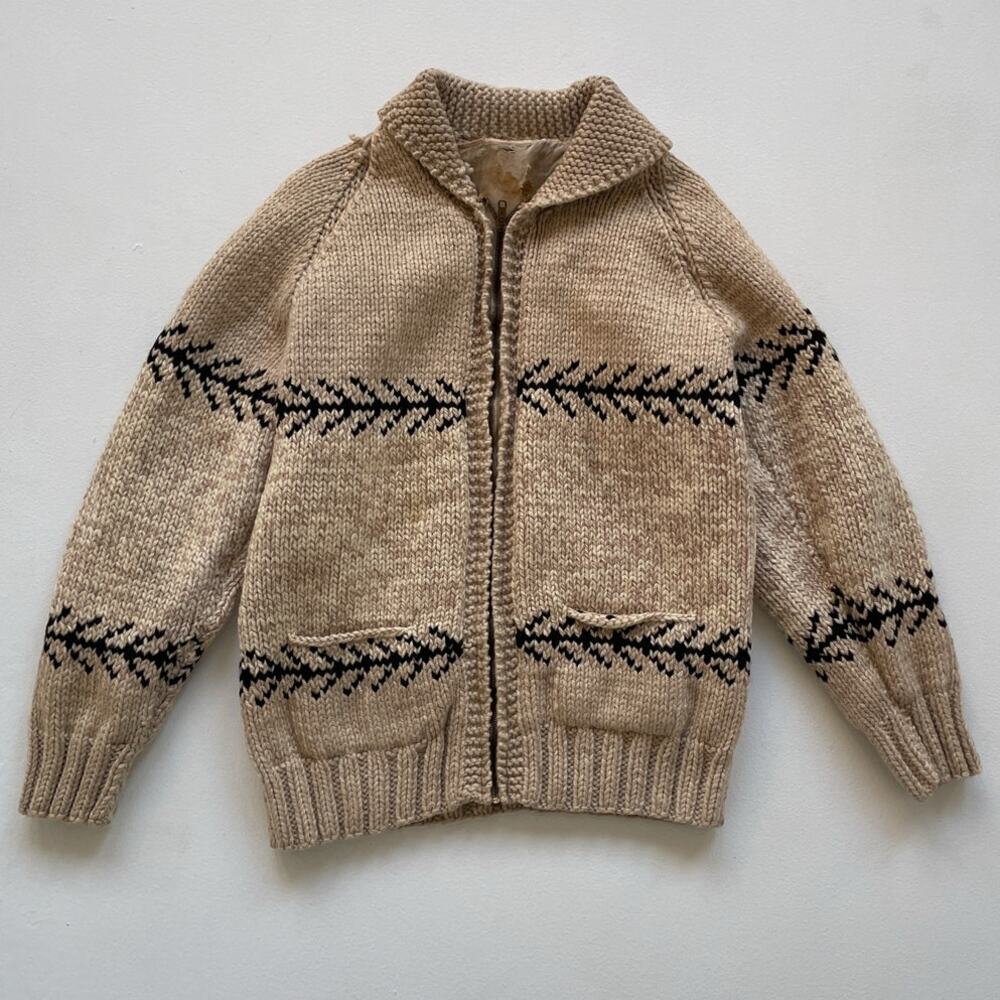 Vtg 60s 70s Beige Chunky Wool Knit Cowichan Sweater / Sz S / Zip Up Jacket READ